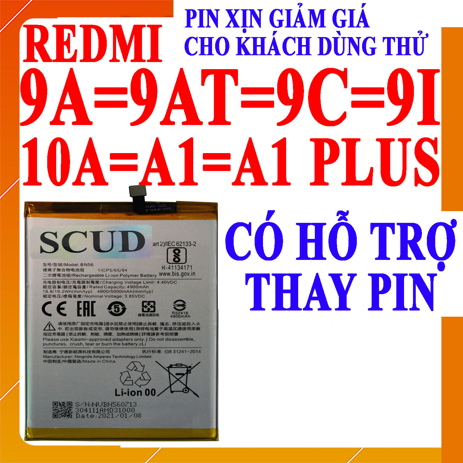 Pin scud cho xiaomi redmi 9a/redmi 9c/redmi 9at/redmi 9i/redmi 10a/redmi a1/redmi a1 plus dung lượng 5000mah