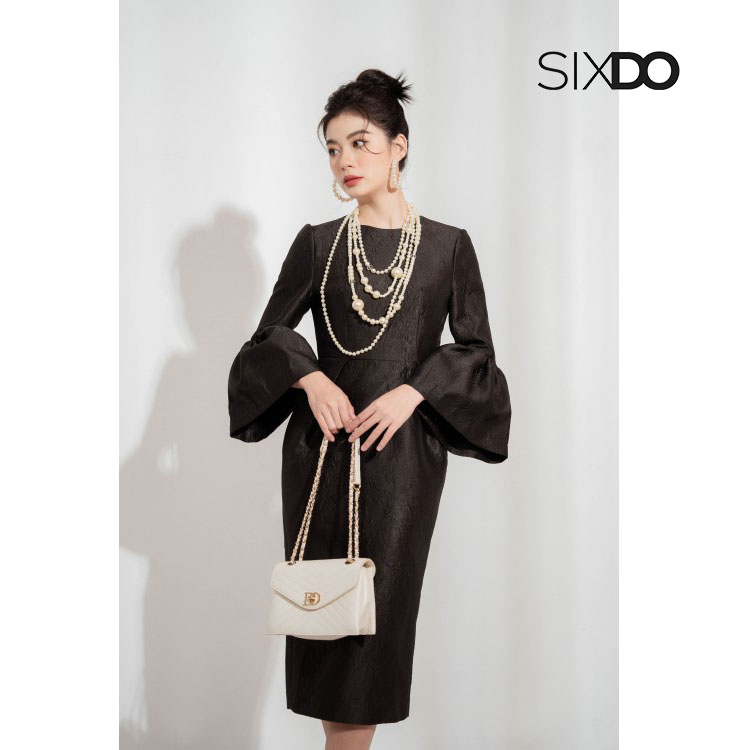 Đầm gấm bút chì tay loe thời trang SIXDO (Black Flute Sleeve Midi Brocade Dress)