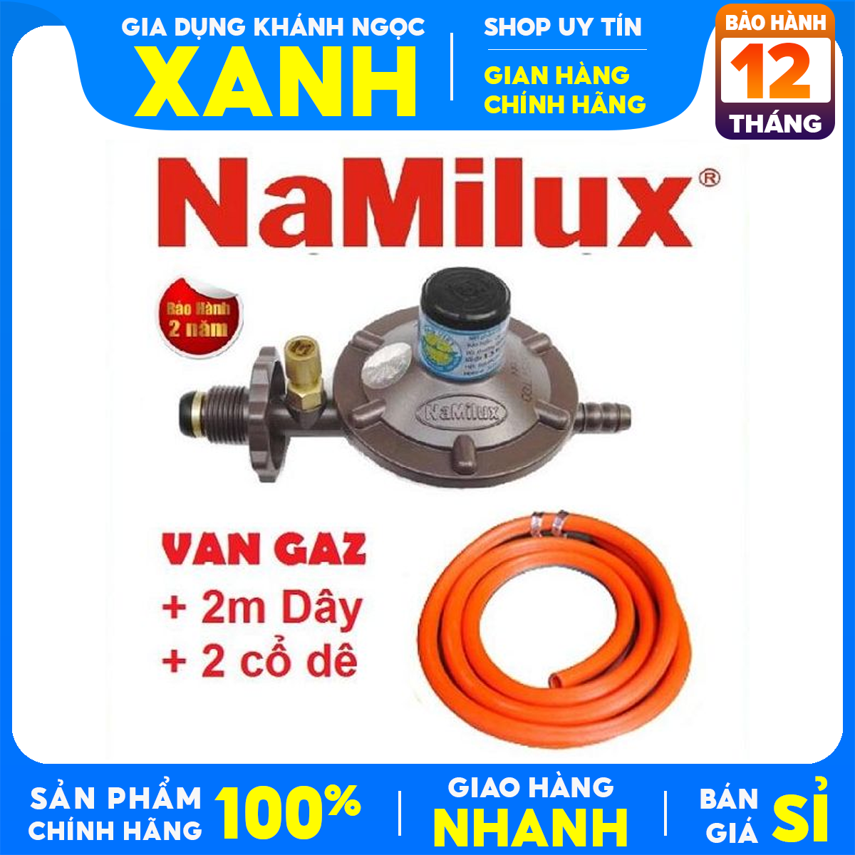 Van gas tự động NAMILUX +DÂY dẫn gas đai siết- Tự động ngắt gas, Lắp cho Tất cả các bình gas, Trừ bình đỏ,Xanh van chụp