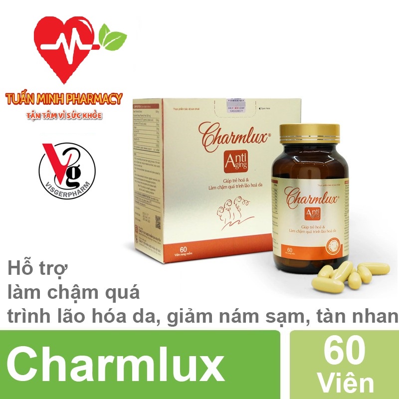 Charmlux - Hỗ trợ làm chậm quá trình lão hóa da, cải thiện làn da, cân bằng nội tiết tố nữ (Hộp 60 Viên)