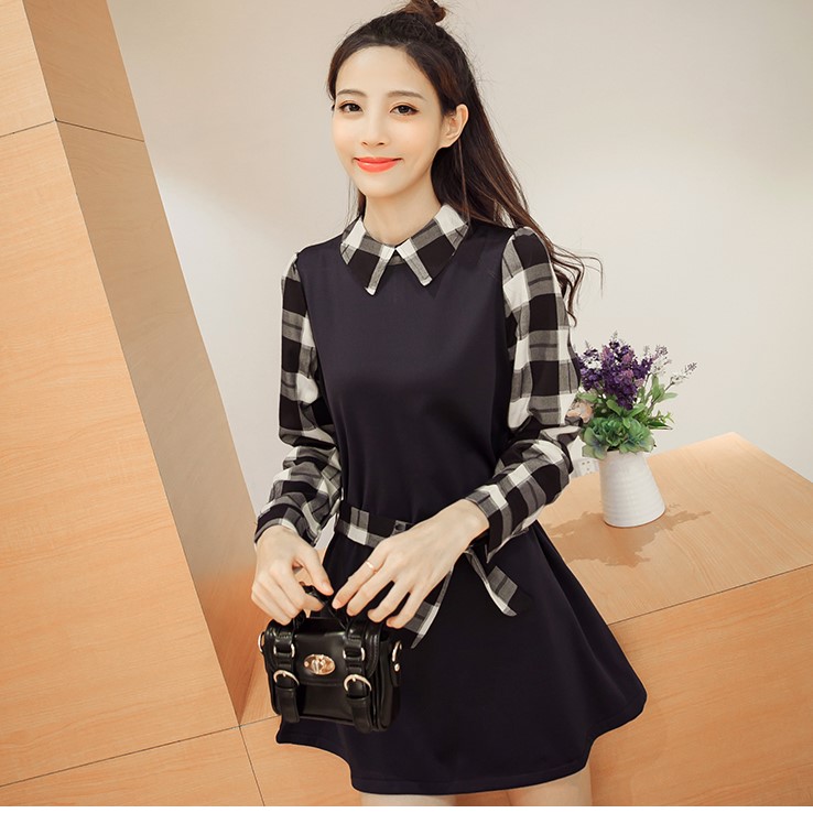 Đầm thắt eo phối kẻ tay hàng nhập Da23