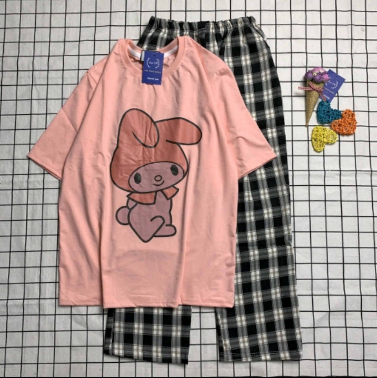 Set set home wear long pants checkerboard ống loose pullover Cotton