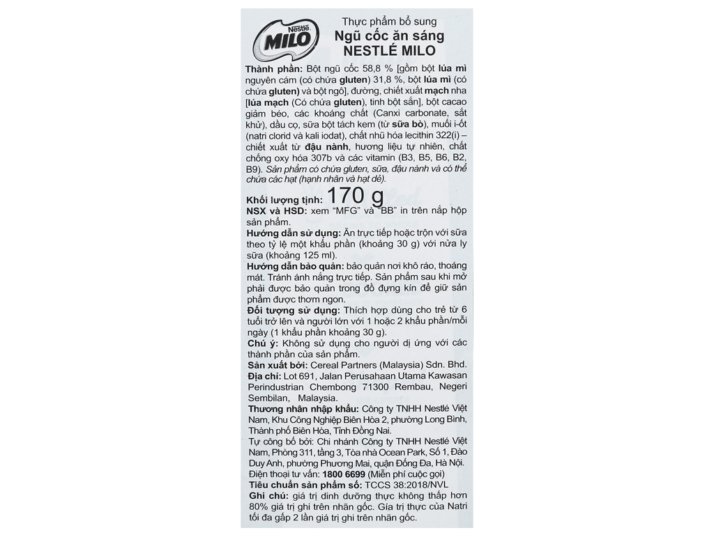 Ngũ cốc Nestlé Milo vị socola hộp 170g