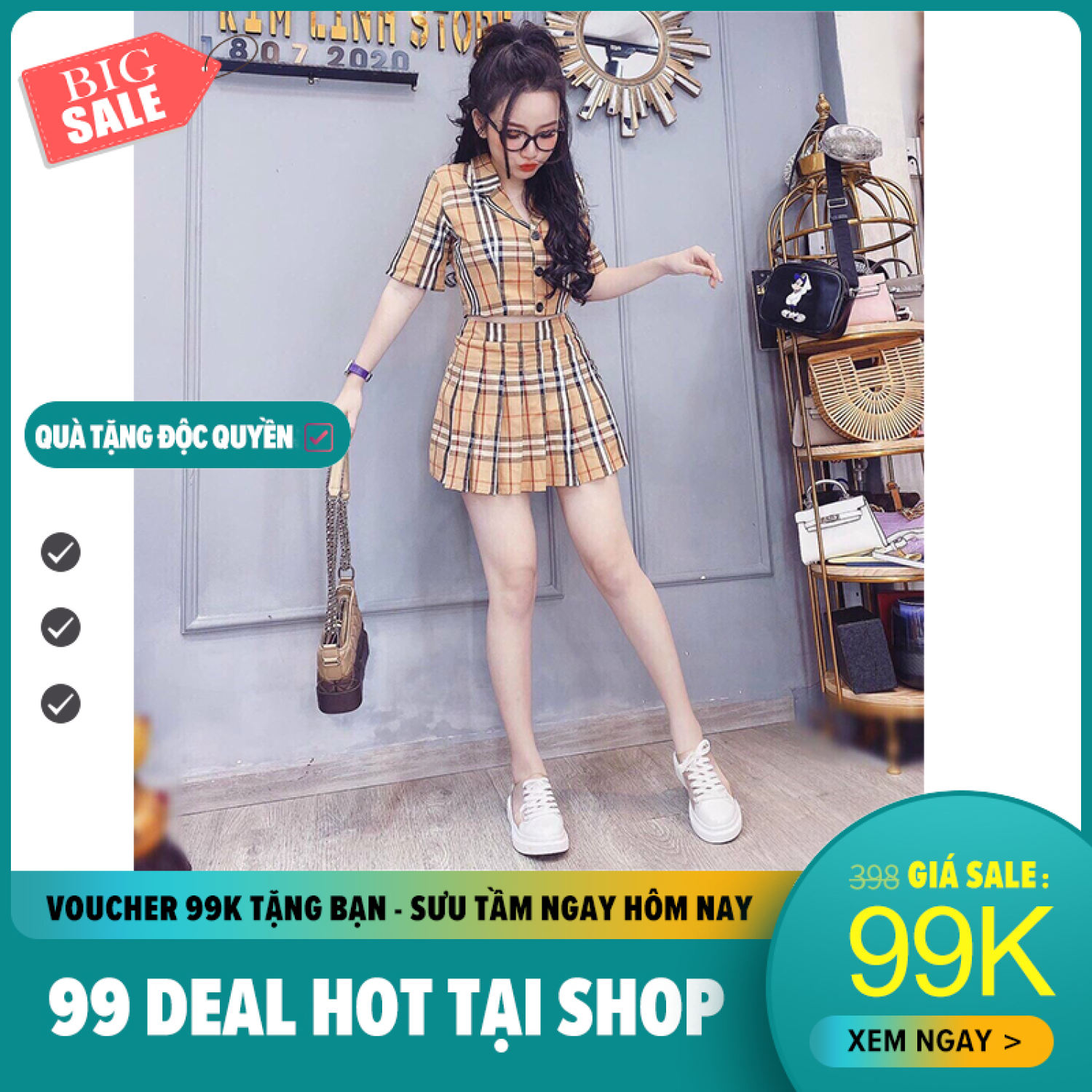 Set váy caro cam nút giữa cổ vest mtb