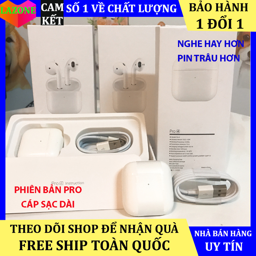 Tai nghe bluetooth Pro 4 âm thanh HD tai nghe không dây chống ồn, chống bụi, tai nghe pro 4 phiên bản mới loại dây sạc dài