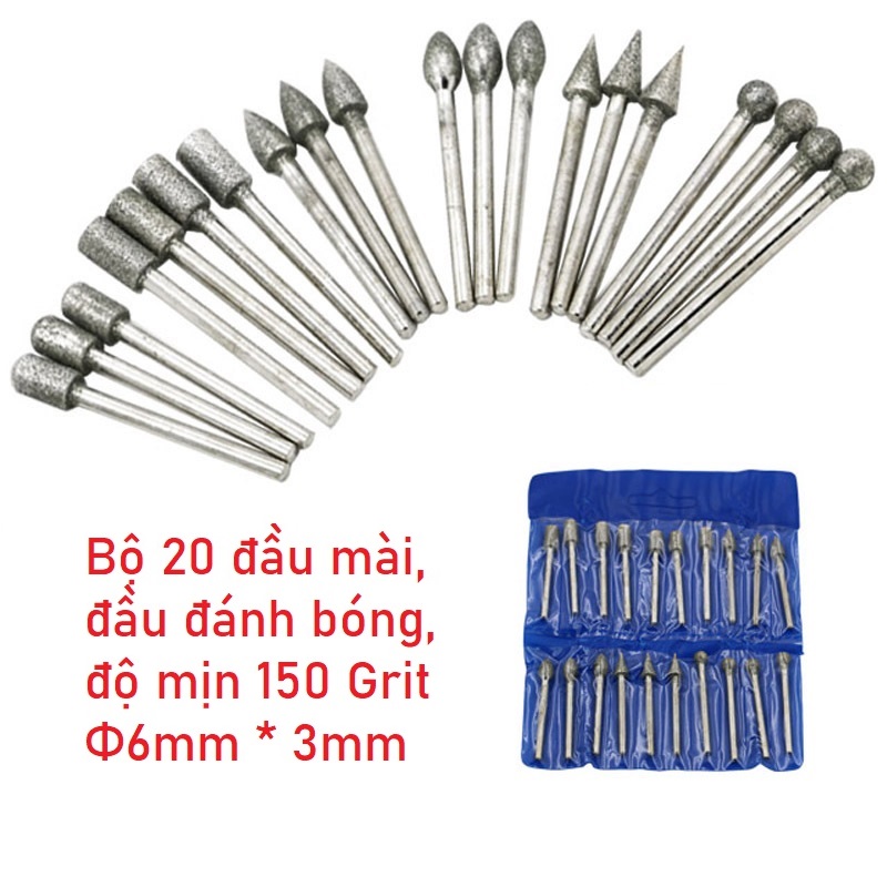 Bộ 20 đầu mài kim cương - đầu mài, đầu đánh bóng độ mịn 150 grit cán 3mm