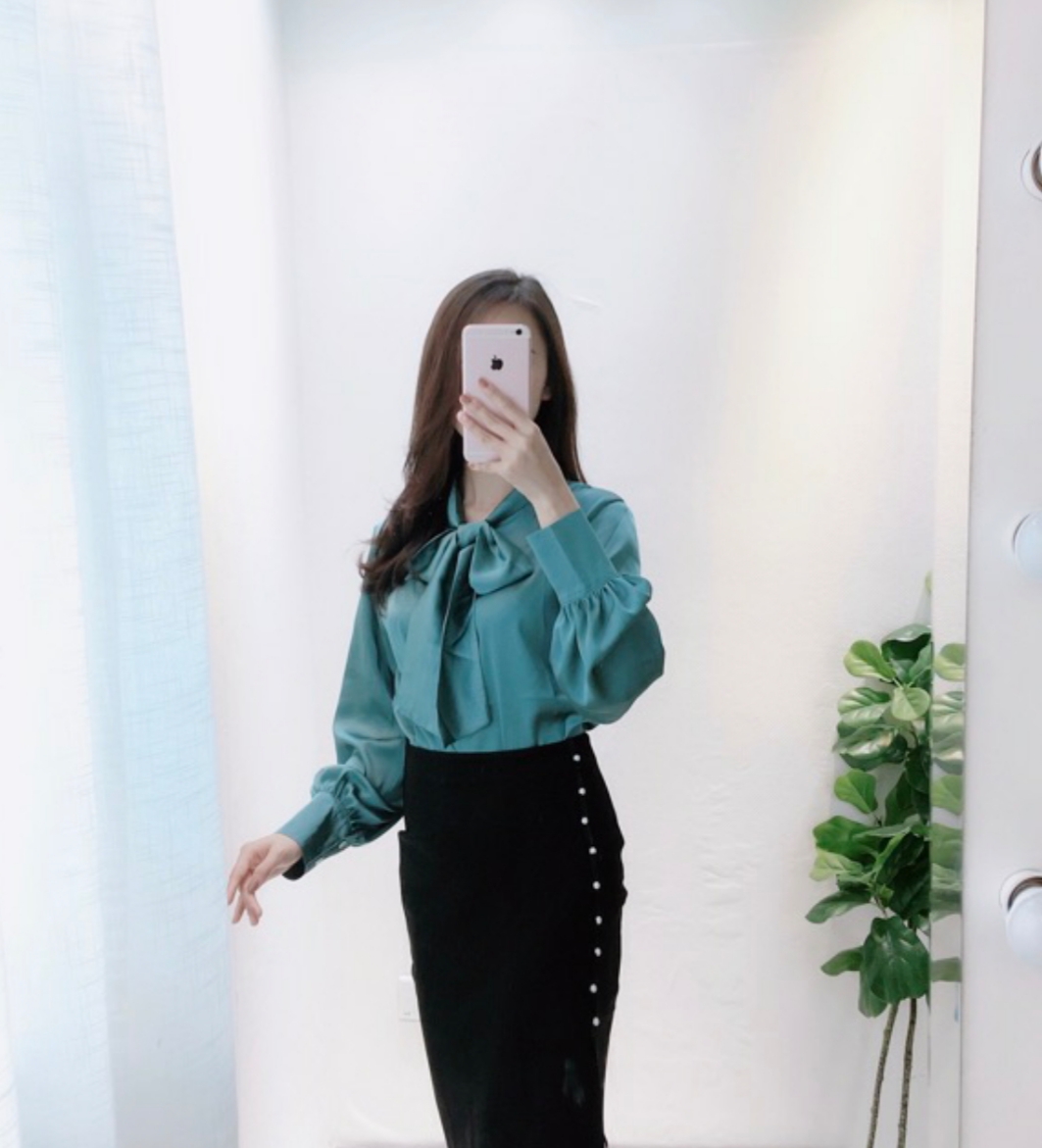 [HCM]Áo sơ mi nữ cổ nơ màu xanh cao cấp
