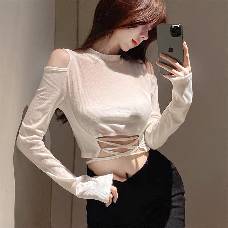 Áo Croptop Gân Tay Dài Đan Dây