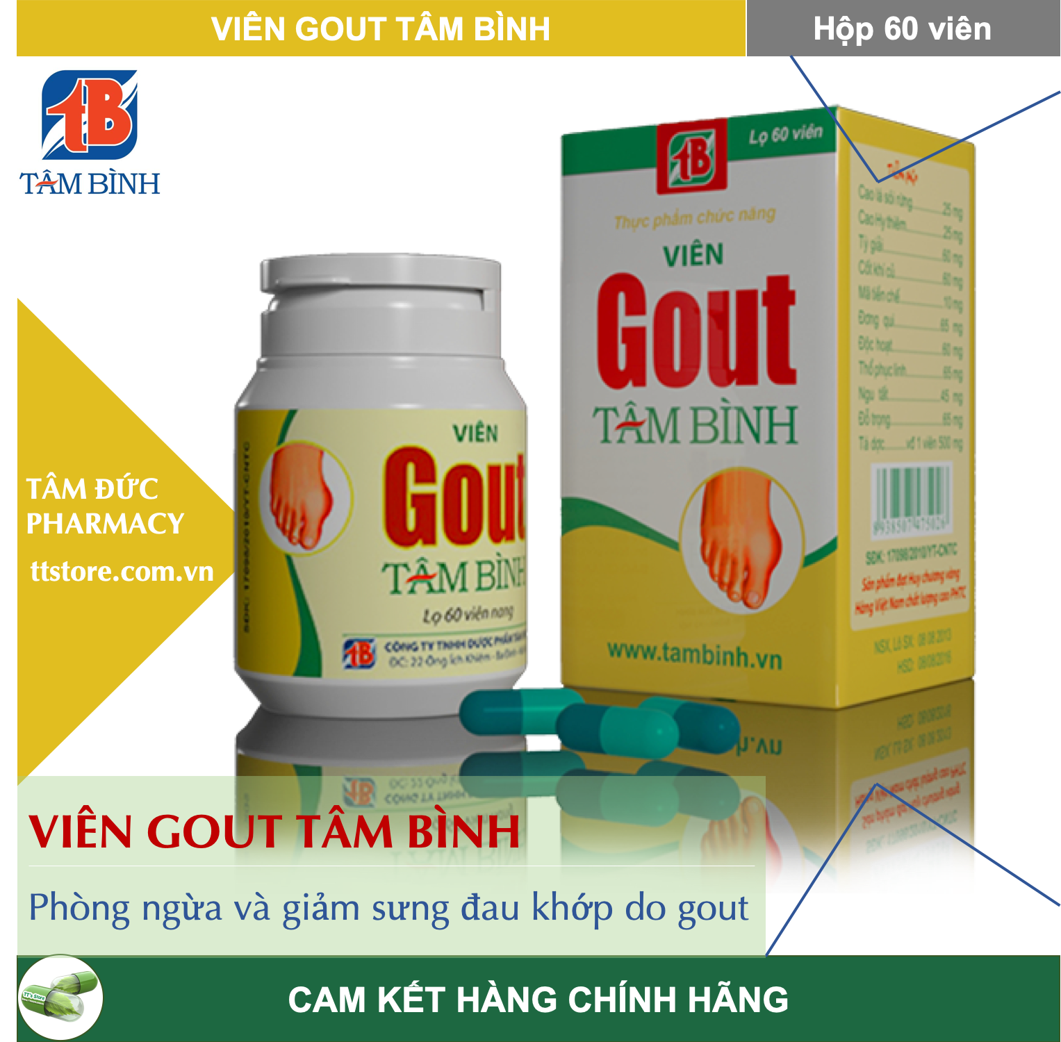 [HCM]Viên Gout Tâm Bình [Hộp 60 viên] - Gút acid uric