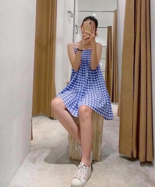 [HCM]Đầm babydoll hai dây kẻ xanh