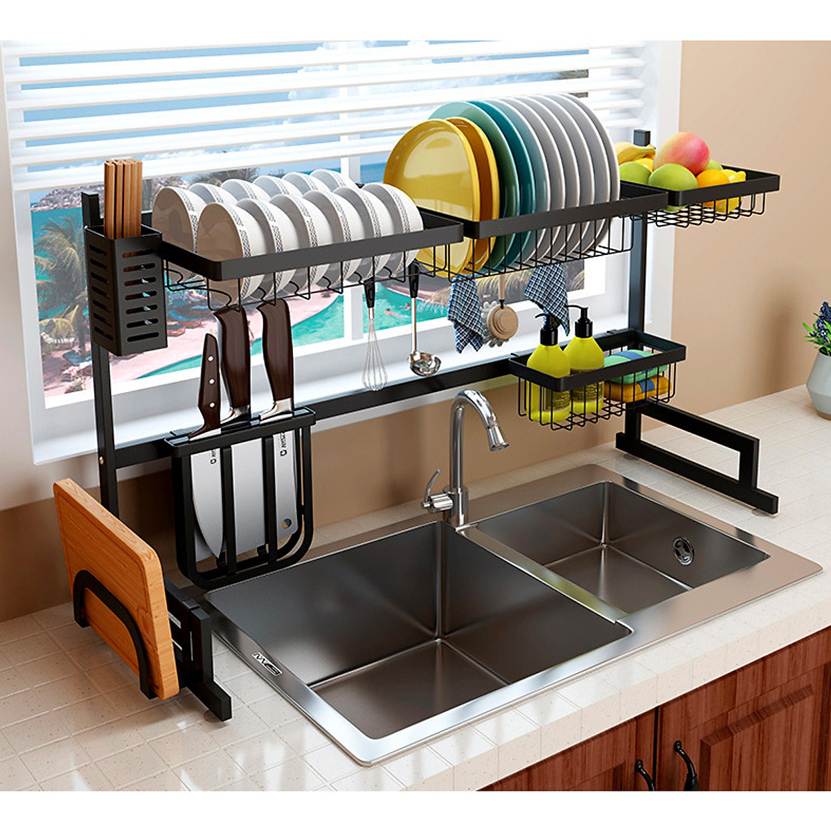Kệ chén đa năng, giá để bát đũa tiện lợi loại 2 bồn rửa 85cm