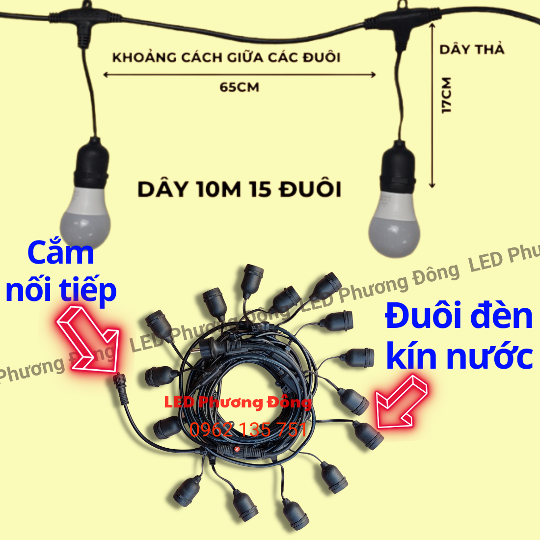 Dây đuôi đèn kín nước trang trí ngoài trời 10m - 15 đuôi