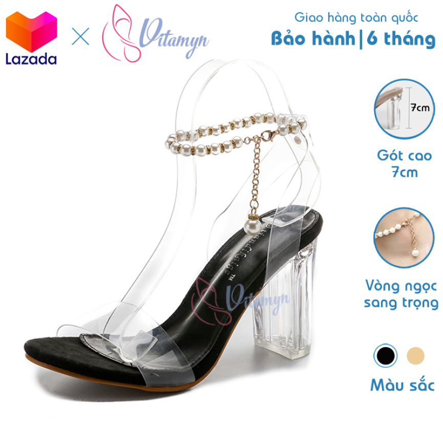 Giày Sandal Cao Gót 7cm Quai Ngang Gót Trụ Trong Suốt, dây cài vòng ngọc thời trang, da simili chông nước giá rẻ