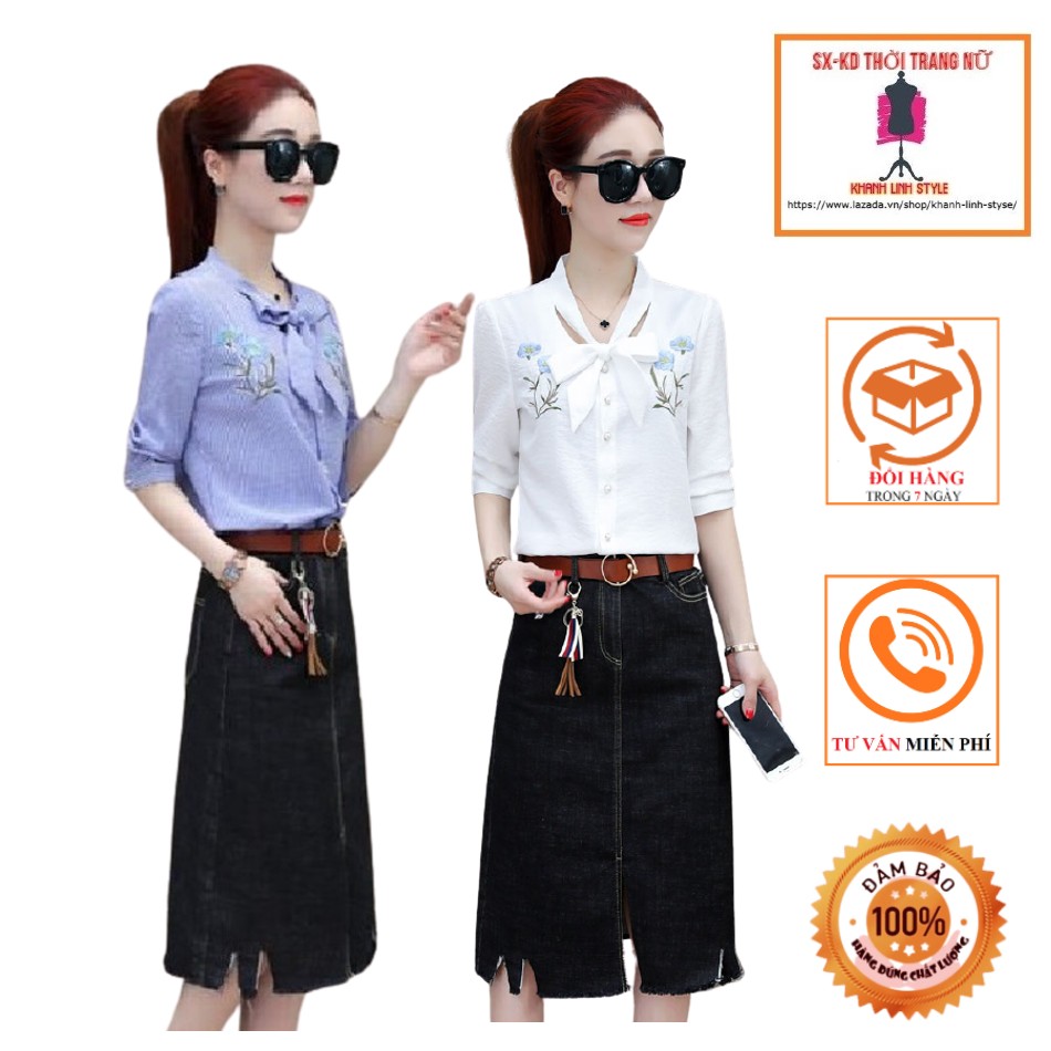 [4.4 Hoàn tiền 15%][HCM]Áo sơ mi sọc nhí thêu hoa- MS0113A
