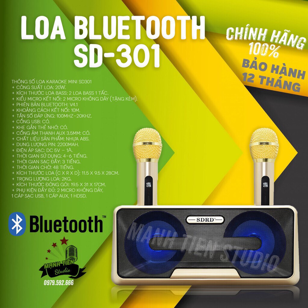 Loa công suất lớn Loa Thùng Bluetooth Hát Karaoke SD 301 + 2 MIC Loa Bass: 2 loa bass 1 tấc Phù Hợp Hát Karaoke Tại Nhà Đi Phượt Dã Ngoại Cực Kì Tiện.