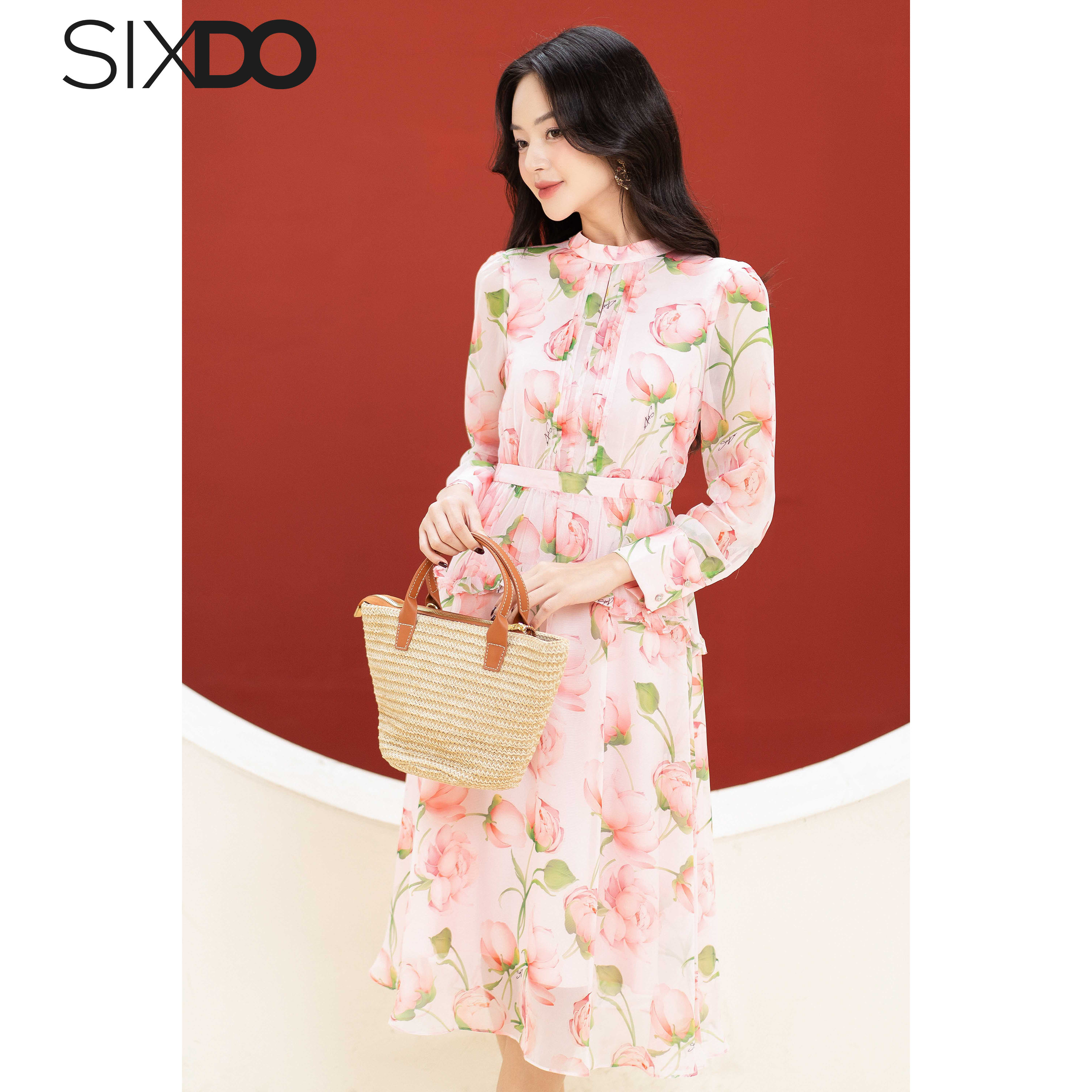 Đầm hồng voan midi dài tay SIXDO (Pink Rose Print Voile Midi Dress)
