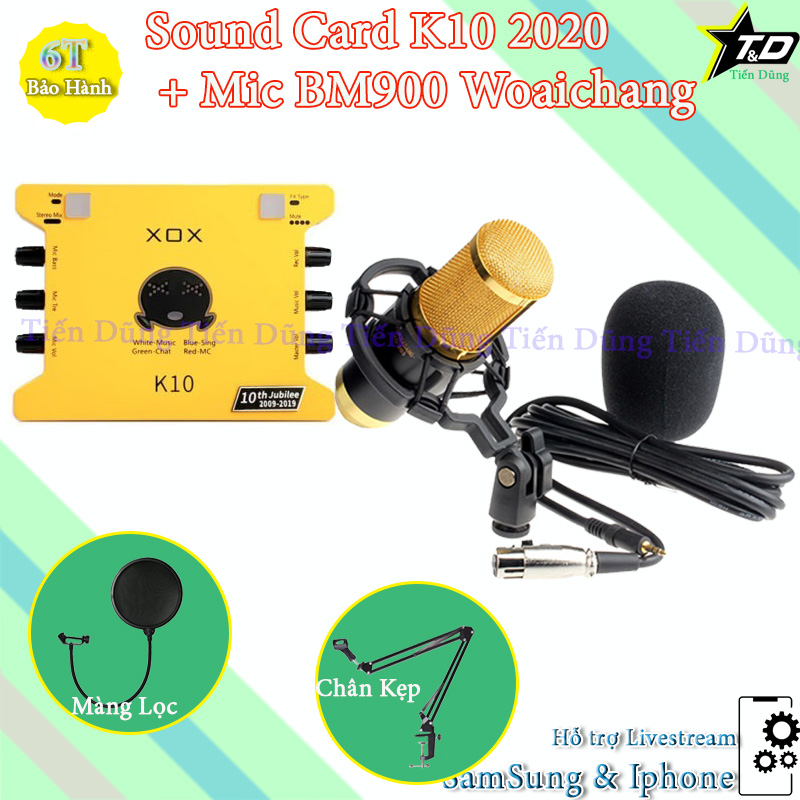 Bộ mic thu âm BM900 Sound Card XOX K10 2020 phiên bản tiếng anh chân màng- combo live stream đầy đủ đã có dây live strea