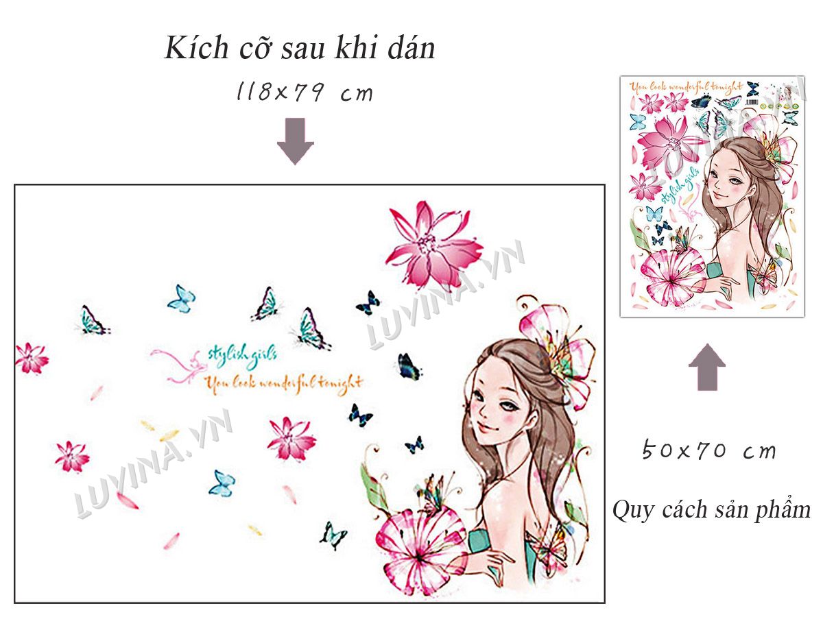 DECAL DÁN TƯỜNG HOA XANH TÍM VÀ CÔ GÁI HOA