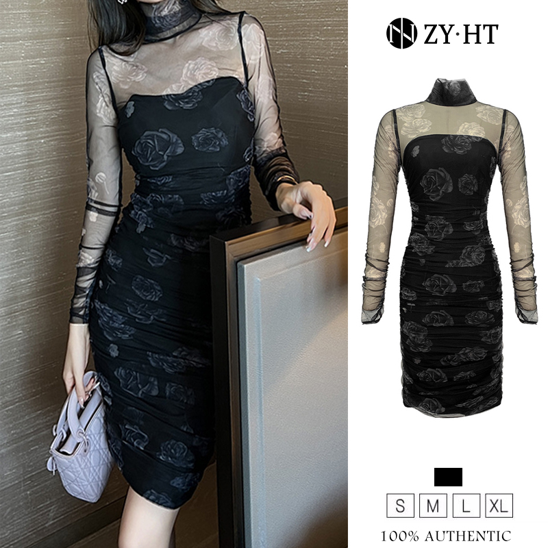 ZYHT eravogue váy lưới cao cổ đầm body nữ ôm body dự tiệc đầm dự tiệc sang trọng 20209