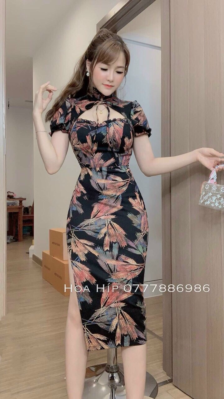 ĐẦM NỮ SƯỜN XÁM HỌA TIẾT SẮC NÉT CỔ TÀU KHOÉT NGỰC QUYẾN RŨ THỜI TRANG NỮ LINH LAN FASHION TT20