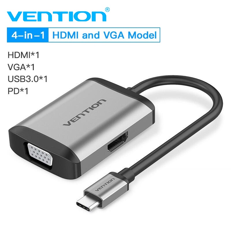 Type C - Cáp chuyển USB Type C to HDMI + VGA + USB + PD (87W) Vention TFAHB(4 in 1)