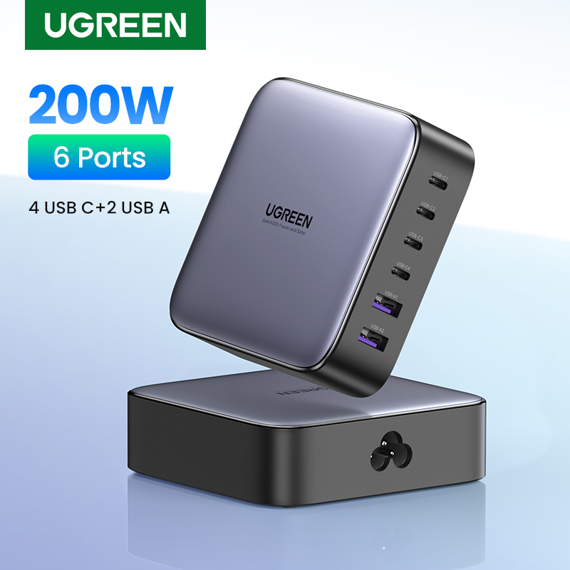 Ugreen nexode 200w usb c desktop charger - 6 ports gan pd fast charger usb charging station laptop