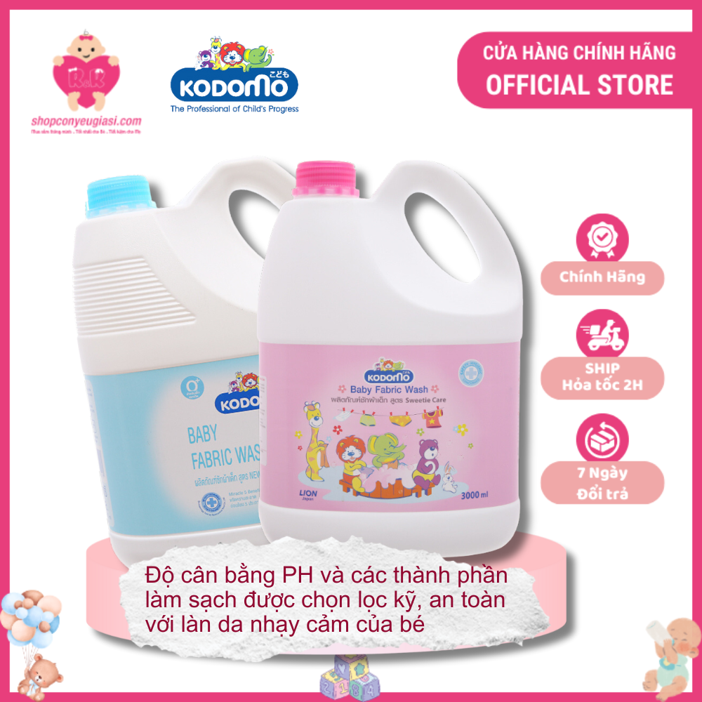 Dung dịch giặt xả, giặt tẩy, nước giặt quần áo cho bé Kodomo Xanh, Hồng Thái Lan - Can 3 lít