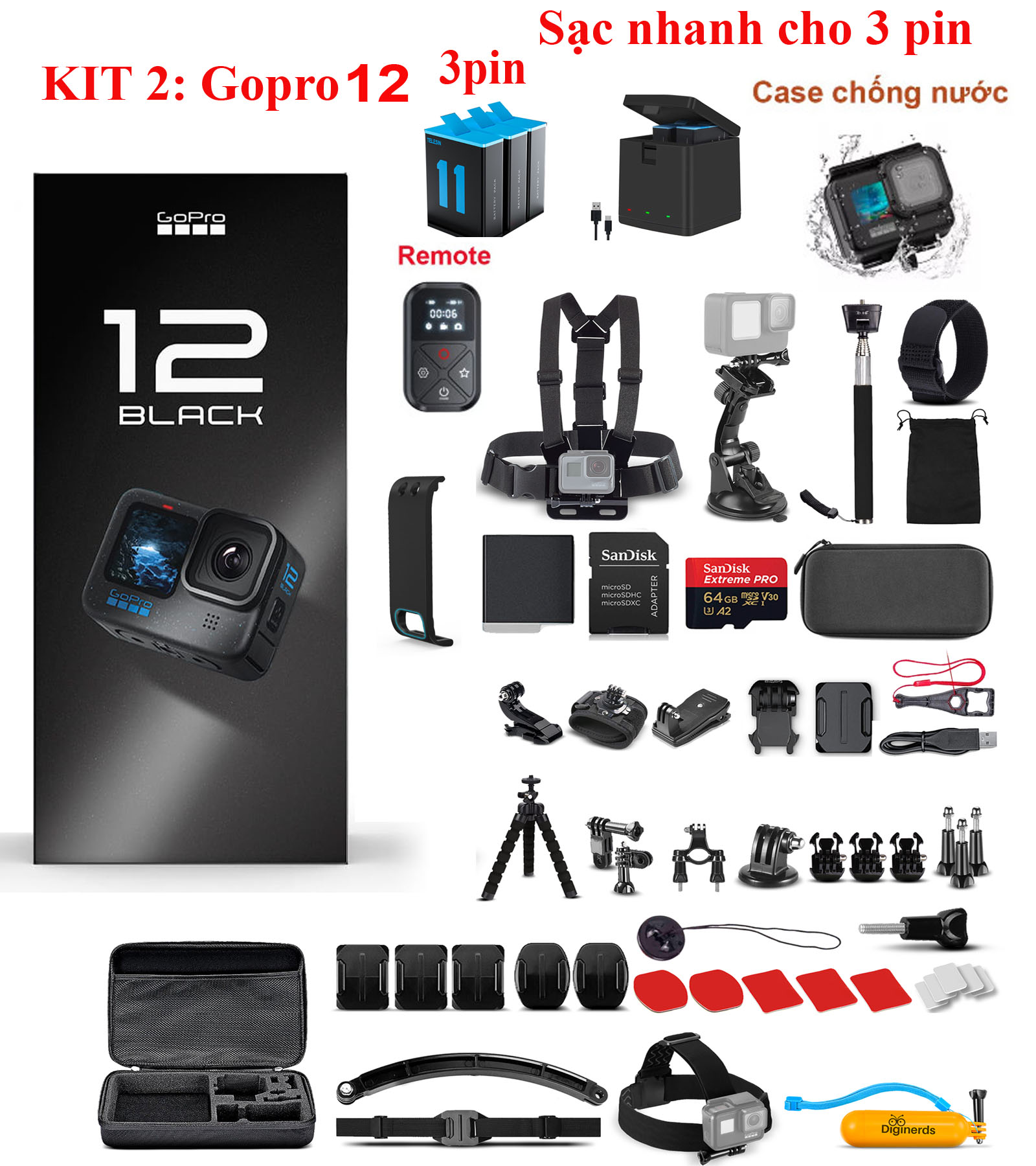 GoPro Hero 12 Black , tặng thẻ nhớ 64GB, gói phụ kiện 50 món, 3 pin, sạc nhanh, đầu đọc thẻ, điều khiển remote...