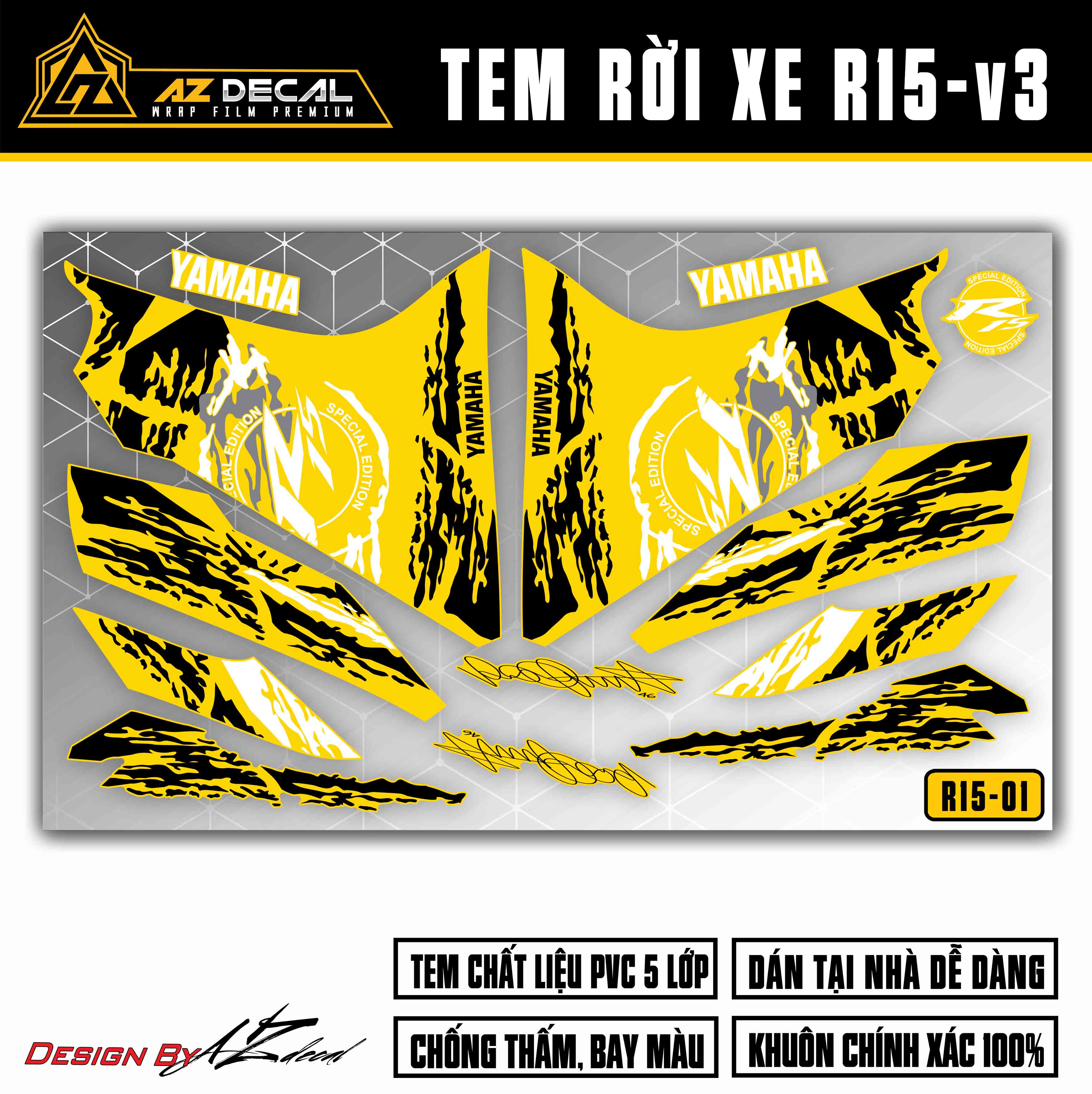 Tem xe r15v3 mẫu special edition | r15v301 | decal rời dán xe r15 màu đen, đỏ, vàng, xanh gp, xám - azdecal