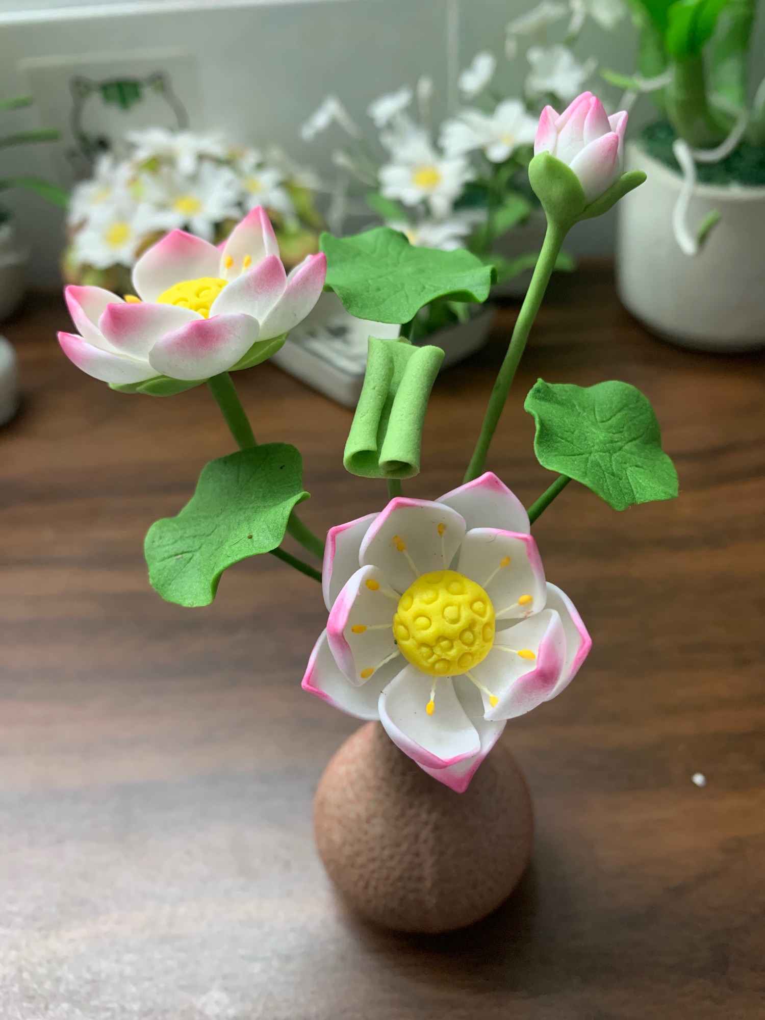 Bình hoa sen đất sét cổ cao hoa size mini L