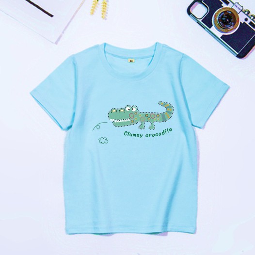 Áo thun cotton dày dặn cho bé trai bé gái in hình dễ thương-mẫu cá sấu xanh