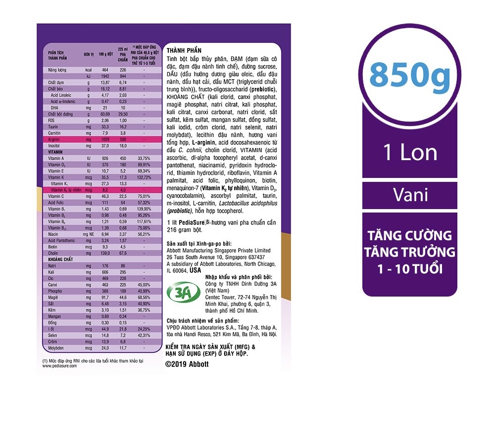 (Com bo 2 non)Sữa bột Pediasure 850g hương vani