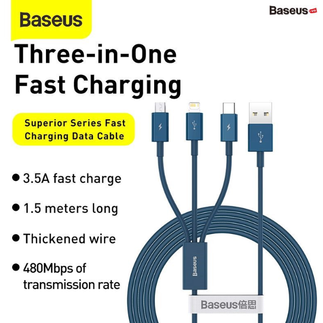 Cáp sạc 3 đầu Baseus Superior Series 3 in 1 (USB to Type C+ IP + Micro USB, 3.5A/ 1.5m, TPE Fast Charging Data Cable)