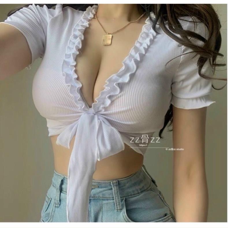 ÁO CROPTOP BÈO CỘT NƠ NGỰC MẶC 2 KIỂU
