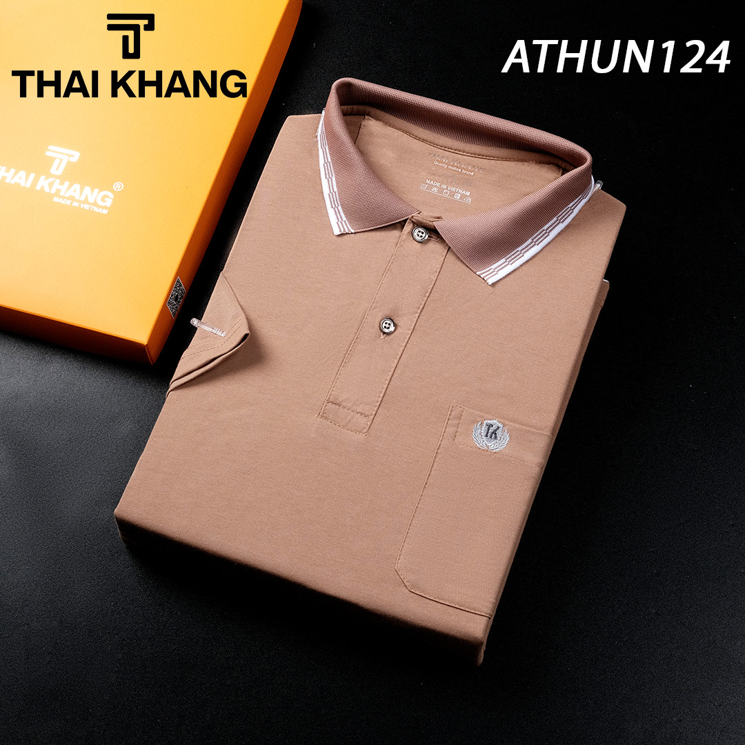 Áo thun nam trung niên Thái Khang sọc cổ  form rộng rãi vải cotton mềm mát athun12