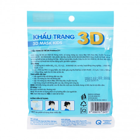Khẩu trang 3D trẻ em Pharmacity (Gói 5 cái)