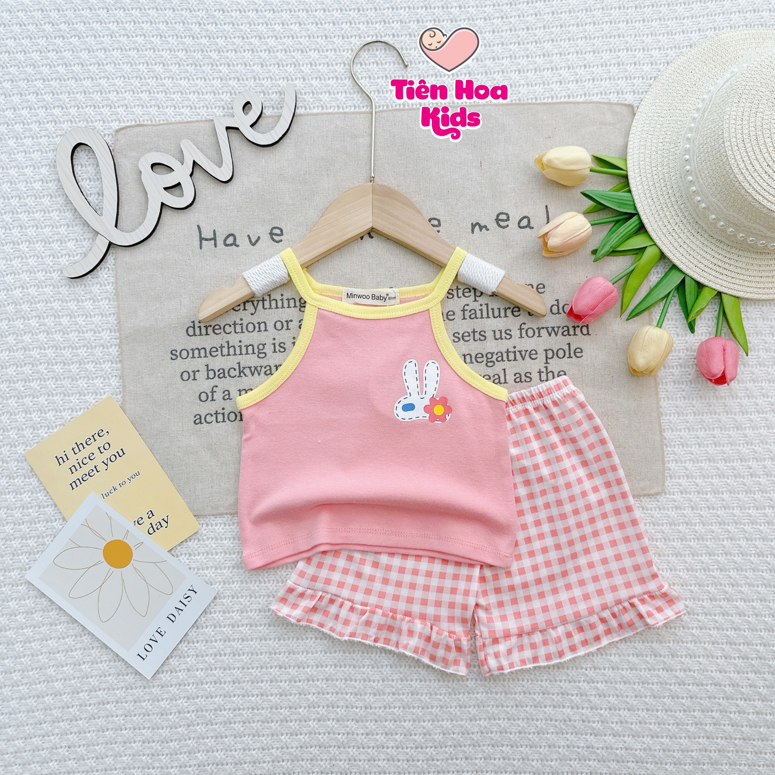 Bộ 2 dây cổ yếm quần đùi bèo Bozip siêu mềm mịn mát cho bé gái