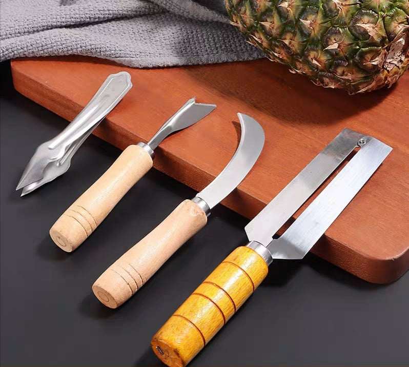 Bộ dụng cụ cán gỗ 4 món dùng để gọt, lấy mắt quả thơm và các loại hoa quả khác