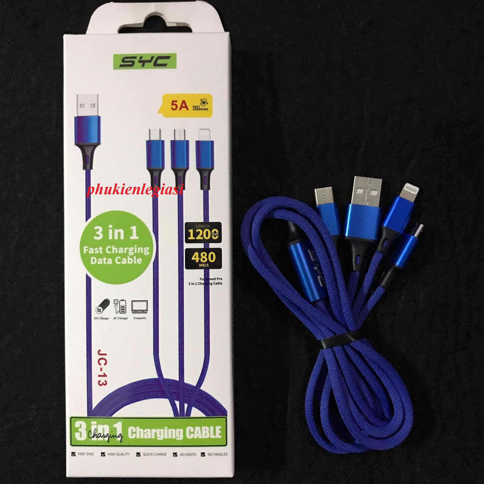 Cáp sạc syc jc13 3 đầu dây dù đa năng micro usb type c lightning