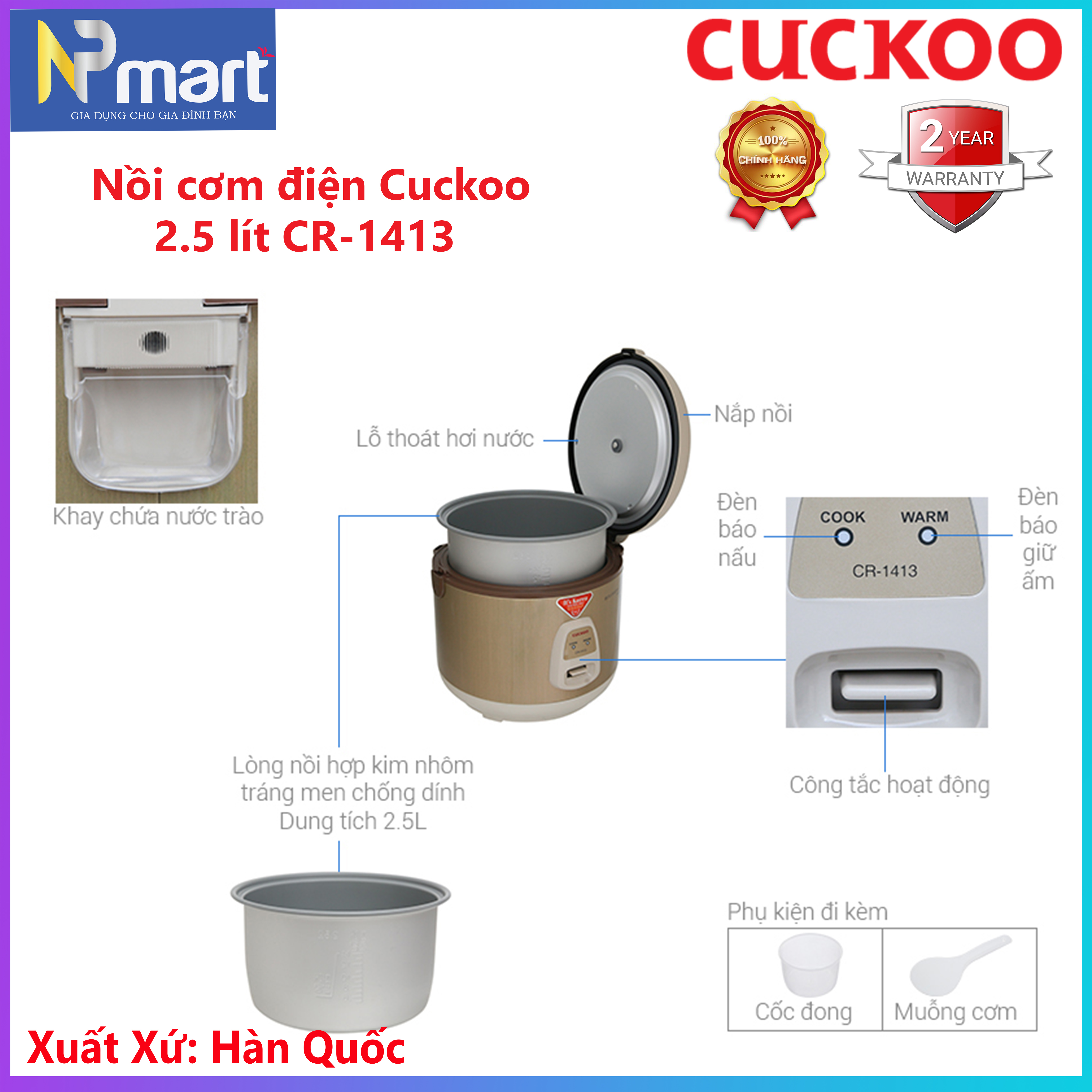 Nồi cơm điện Cuckoo 2.5 lít CR-1413 nhập khẩu hàn quốc