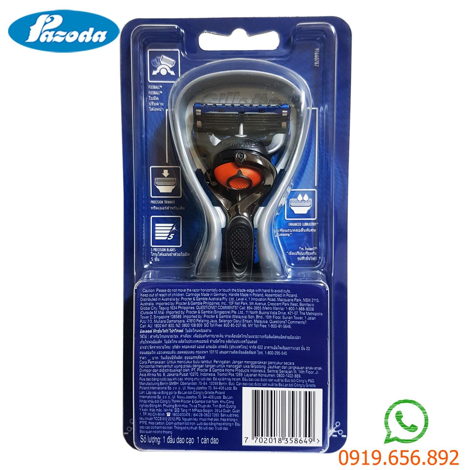 Dao cạo râu 5 lưỡi Gillette Fusion5 Proglide (1 tay cầm xoay chiều và 1 đầu cạo 5+1)