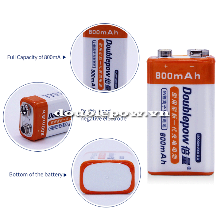 Pin sạc 9V-6F22 Doublepow 800mAh dung lượng thật