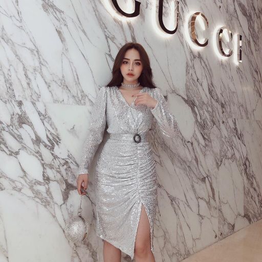 Đầm Body Kim Sa Cao Cấp eo phối belt đá xẻ đùi