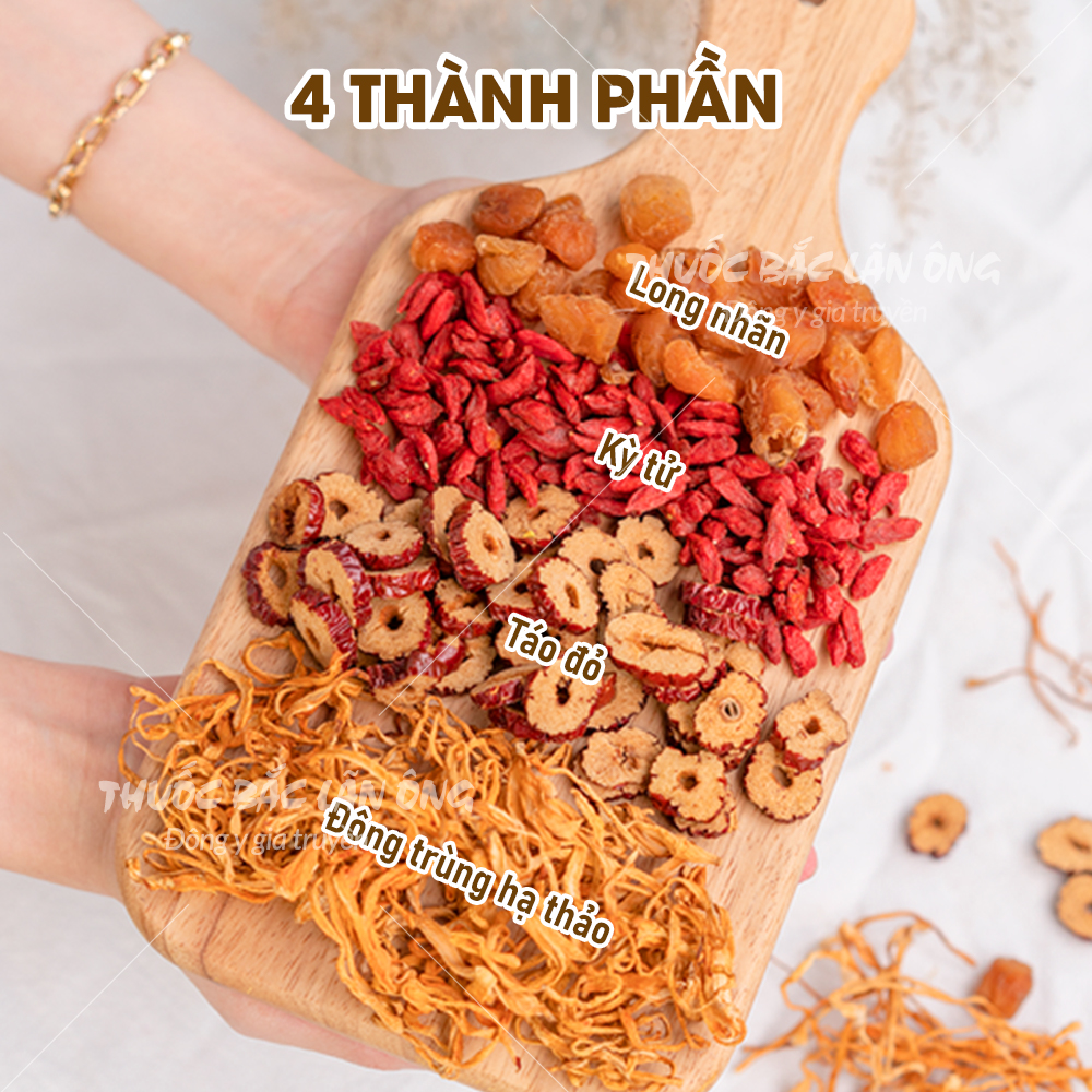 Trà đông trùng hạ thảo set mix sẵn, trà thảo mộc gồm: Táo đỏ, long nhãn, đông trùng hạ thảo, kỳ tử