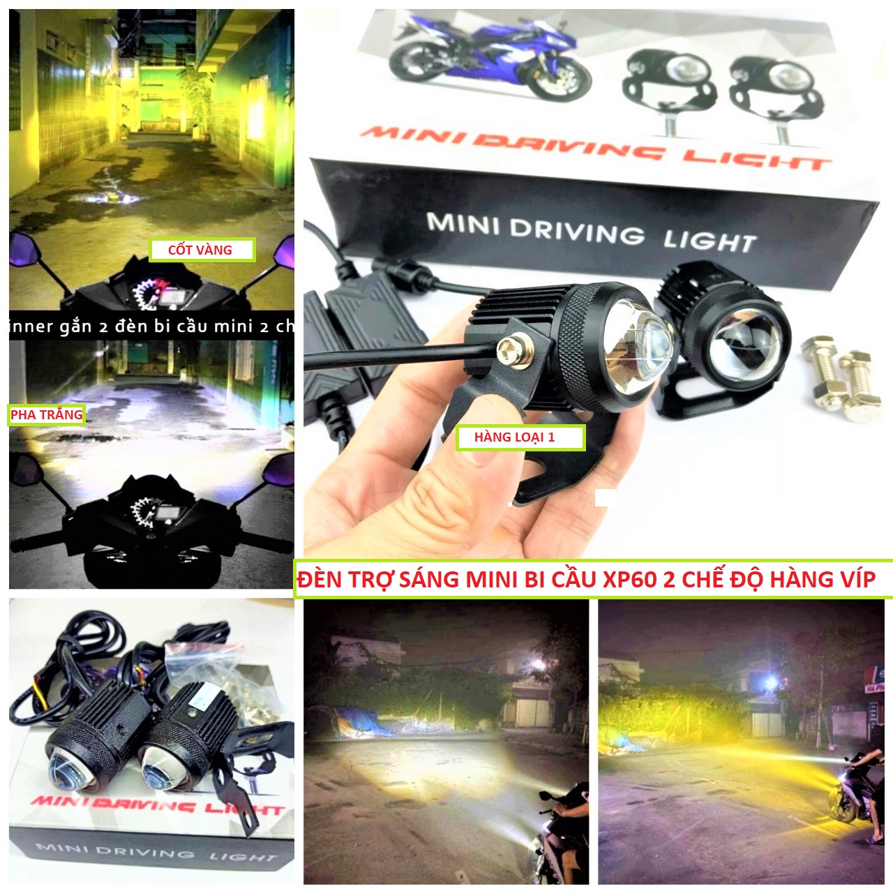 ĐÈN TRỢ SÁNG XE MÁY BI CẦU 2 MÀU XP60 SIÊU SÁNG , ĐÈN LED SIÊU SÁNG XE MÁY , ĐÈN BI CẦU MINI 2 CHẾ ĐỘ CỐT VÀNG PHA TRẮNG LOẠI TỐT , PHỤ TÙNG XE MÁY , PHỤ KIỆN XE MÁY