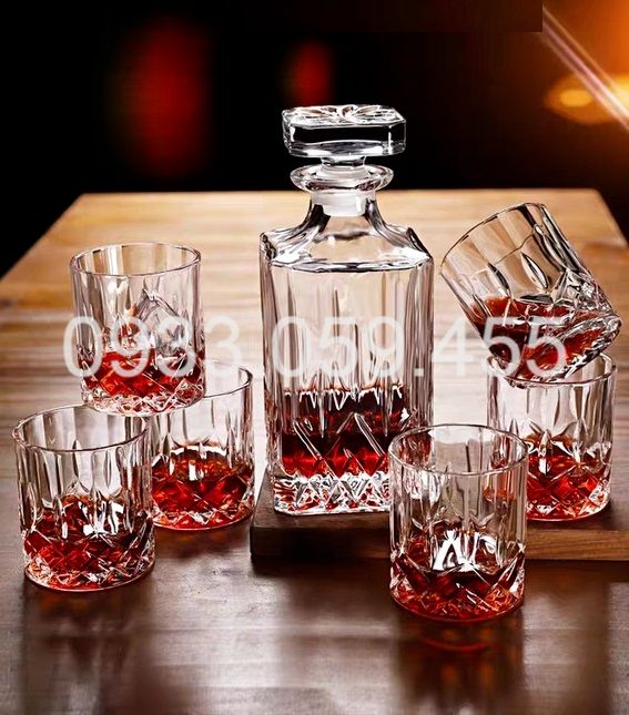 Bộ Chai và 6 Ly thủy tinh cao cấp rót rượu, Bộ Bình ly uống rượu Tây, cốc thủy tinh kiểu kim cương pha lê uống rượu Tây, ly cốc uống whisky, Ly uống rượu vang sâm panh, Ly cốc uống nước, wine glass