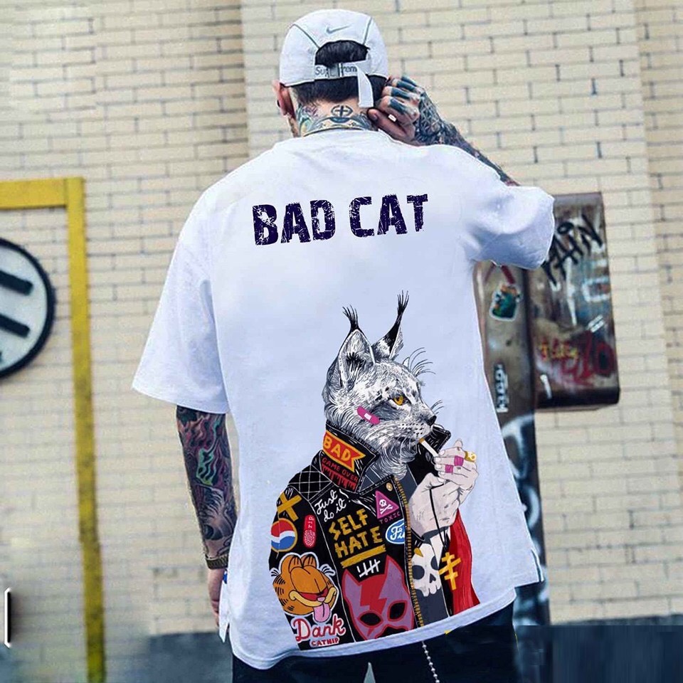Áo thun tay lửng tay lỡ form rộng unisex nam nữ họa tiết bad cat thun đẹp mịn