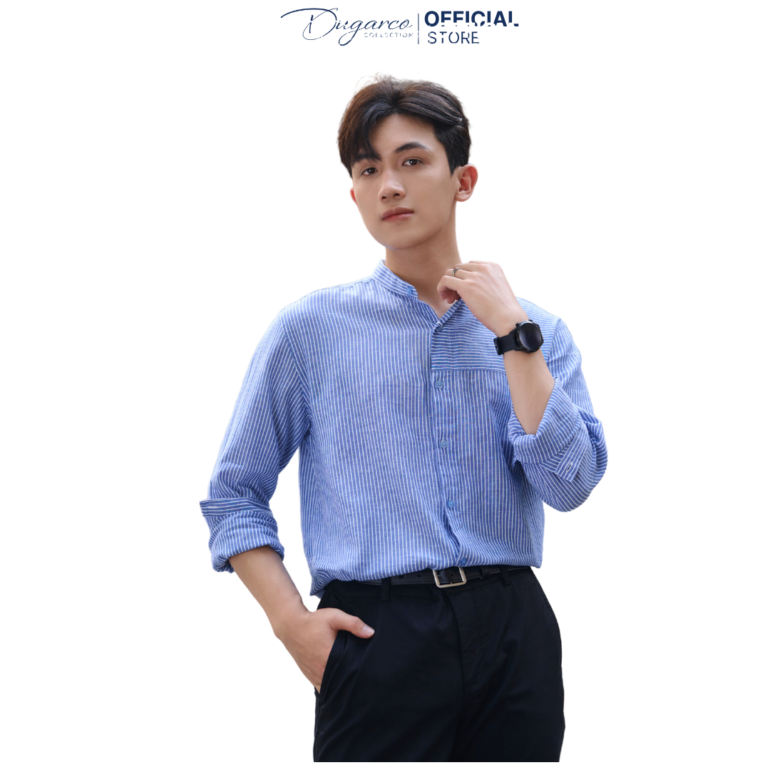 Áo sơ mi linen dugarco tay dài họa tiết kẻ sọc form casual - 238sm21065