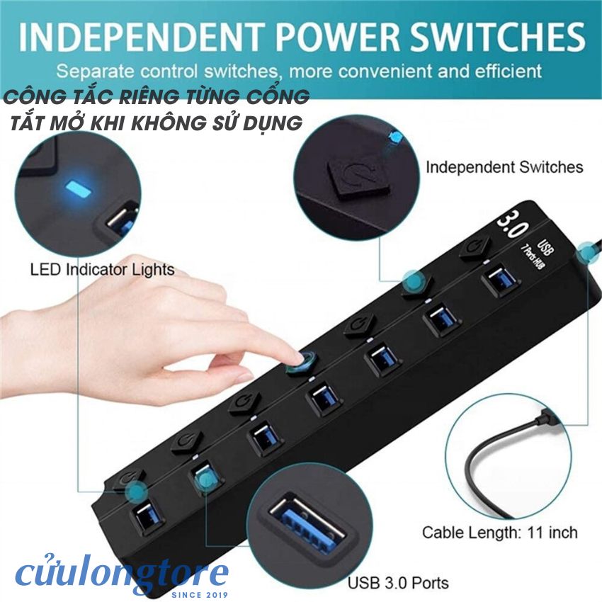Bộ Chia Cổng USB OTG Hub USB 3.0 cổng USB mở rộng đầu chia USB 1 ra 4 và 7 dây dài cổng công tắc nguồn phụ đèn Led