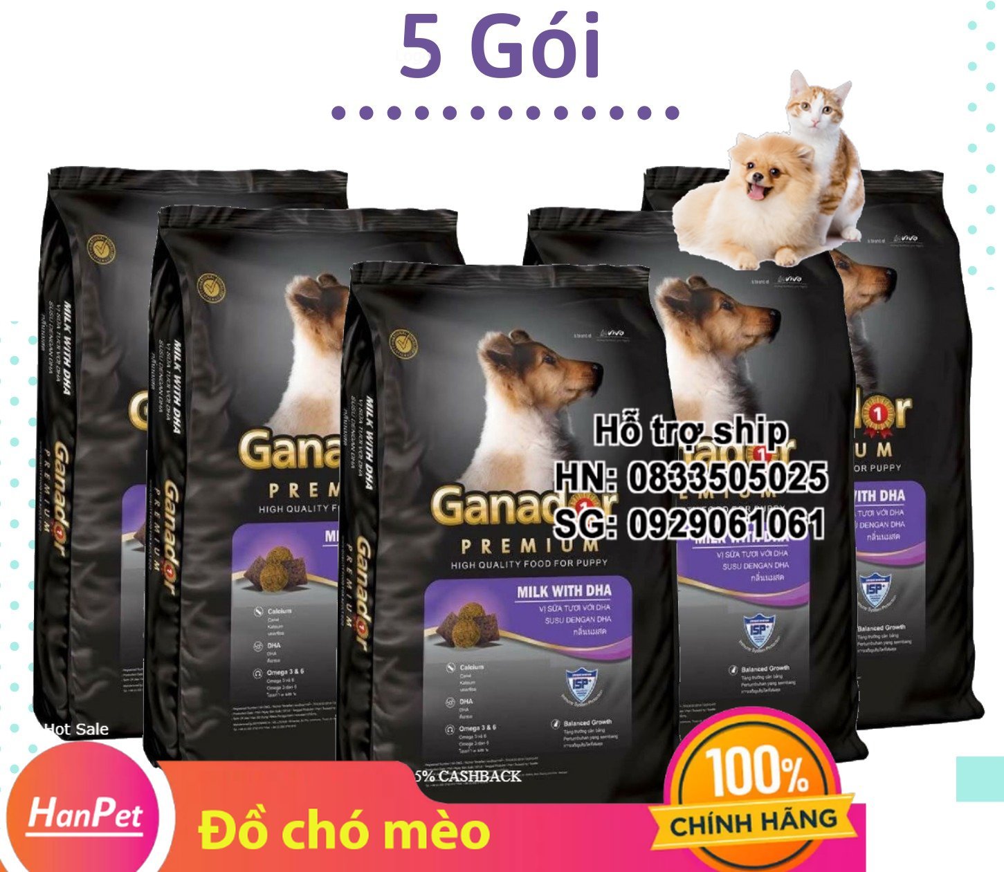 Hanpet - (COMBO 5 GÓI) Thức ăn cho chó Ganador Puppy 400g Thức ăn cho chó nhỏ có sữa và DHA giúp chó con thông minh -
